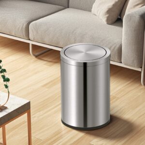 Mbillion Small Trash Can with Swing Lid 2.4 Gallons/9 Liter, Mini Trash Can with lid, Stainless Steel Cylindrical Garbage Can for Home and Office, for Ground and Desktop(Brushed Silver)