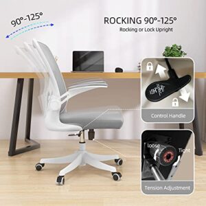 Monhey Office Chair - Ergonomic Office Chair with Lumbar Support & Flip Up Arms Home Office Desk Chairs Rockable Swivel High Back Computer Chair White Frame Grey Mesh Study Chair