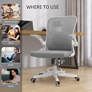 Monhey Office Chair - Ergonomic Office Chair with Lumbar Support & Flip Up Arms Home Office Desk Chairs Rockable Swivel High Back Computer Chair White Frame Grey Mesh Study Chair