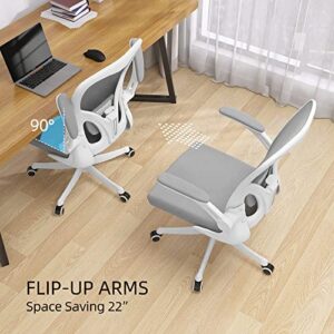 Monhey Office Chair - Ergonomic Office Chair with Lumbar Support & Flip Up Arms Home Office Desk Chairs Rockable Swivel High Back Computer Chair White Frame Grey Mesh Study Chair