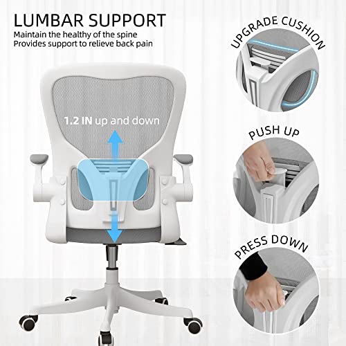 Monhey Office Chair - Ergonomic Office Chair with Lumbar Support & Flip Up Arms Home Office Desk Chairs Rockable Swivel High Back Computer Chair White Frame Grey Mesh Study Chair