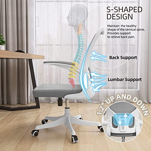 Monhey Office Chair - Ergonomic Office Chair with Lumbar Support & Flip Up Arms Home Office Desk Chairs Rockable Swivel High Back Computer Chair White Frame Grey Mesh Study Chair