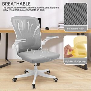 Monhey Office Chair - Ergonomic Office Chair with Lumbar Support & Flip Up Arms Home Office Desk Chairs Rockable Swivel High Back Computer Chair White Frame Grey Mesh Study Chair