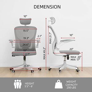 Monhey Office Chair - Ergonomic Office Chair with Lumbar Support & Flip Up Arms Home Office Desk Chairs Rockable Swivel High Back Computer Chair White Frame Grey Mesh Study Chair