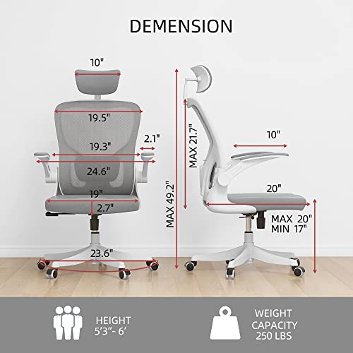 Monhey Office Chair - Ergonomic Office Chair with Lumbar Support & Flip Up Arms Home Office Desk Chairs Rockable Swivel High Back Computer Chair White Frame Grey Mesh Study Chair