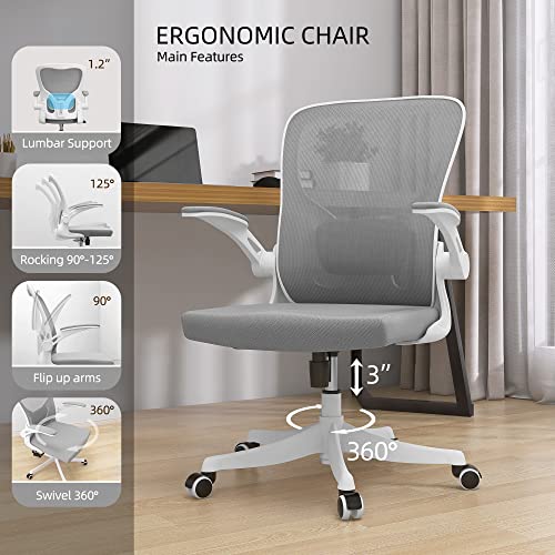 Monhey Office Chair - Ergonomic Office Chair with Lumbar Support & Flip Up Arms Home Office Desk Chairs Rockable Swivel High Back Computer Chair White Frame Grey Mesh Study Chair