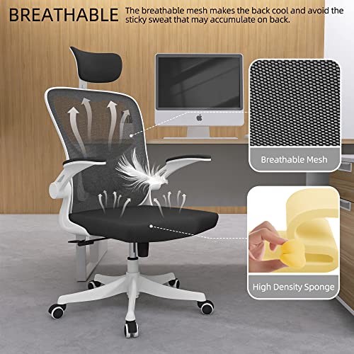 Monhey Office Chair, Ergonomic Office Chair with Lumbar Support & 3D Headrest & Flip Up Arms Home Office Desk Chairs Rockable High Back Swivel Computer Chair White Frame Black Mesh Study Chair