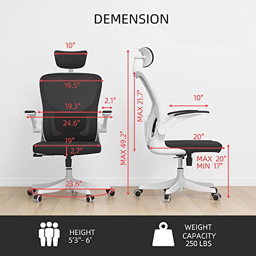 Monhey Office Chair, Ergonomic Office Chair with Lumbar Support & 3D Headrest & Flip Up Arms Home Office Desk Chairs Rockable High Back Swivel Computer Chair White Frame Black Mesh Study Chair