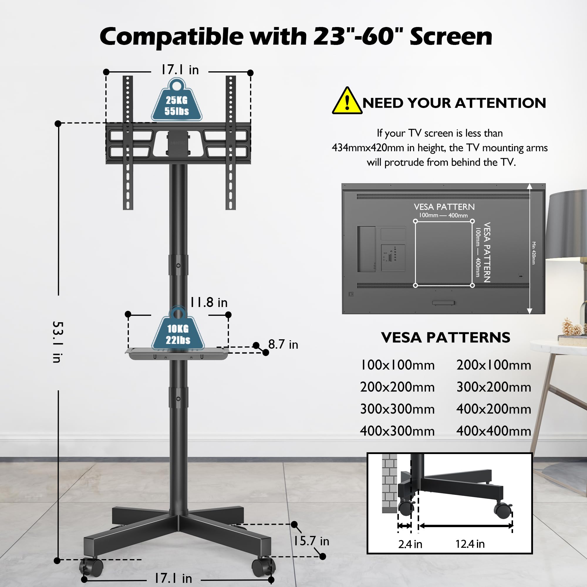 BONTEC Mobile TV Stand, Tilt Rolling TV Cart with Media Shelf and Locking Wheels, Fits 23-60” LED, LCD, OLED Flat & Curved TVs, Holds Up to 55lbs, Max VESA 400x400mm