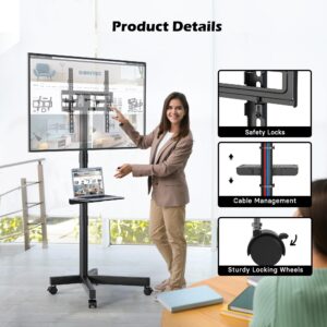 BONTEC Mobile TV Stand, Tilt Rolling TV Cart with Media Shelf and Locking Wheels, Fits 23-60” LED, LCD, OLED Flat & Curved TVs, Holds Up to 55lbs, Max VESA 400x400mm