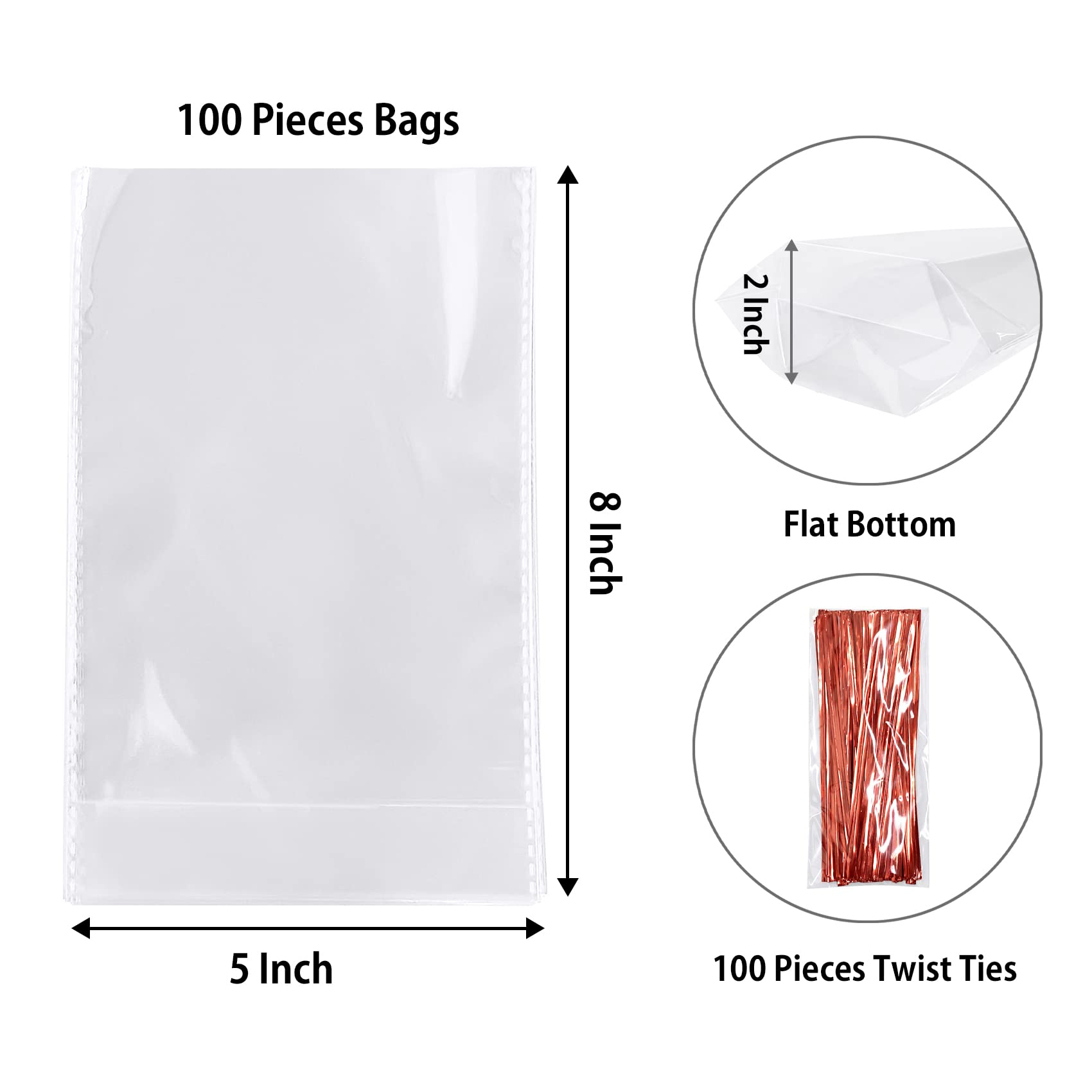 Morepack Flat Bottom Cellophane Bags,100Pcs 5x2x8 Inches Clear Cello Bags Flat Bottom Cellophane Treat Bags for Cookie