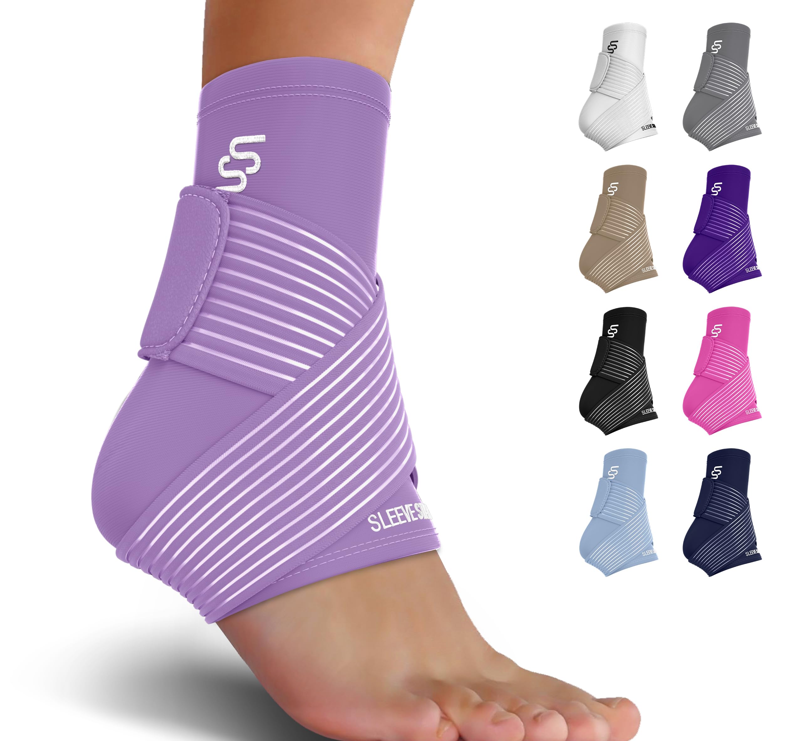 Sleeve Stars Ankle Brace for Sprained Ankle & Plantar Fasciitis Relief, Achilles Tendonitis Brace & Ankle Support for Women & Men, Ankle Wrap & Foot Brace w/Compression Strap (Pair/Light Purple)