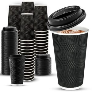 ginkgo 100 pack 16 oz disposable insulated coffee cups with lids, paper to-go coffee cups for coffee bars, hot chocolate, cocoa, and hot tea drinks - black