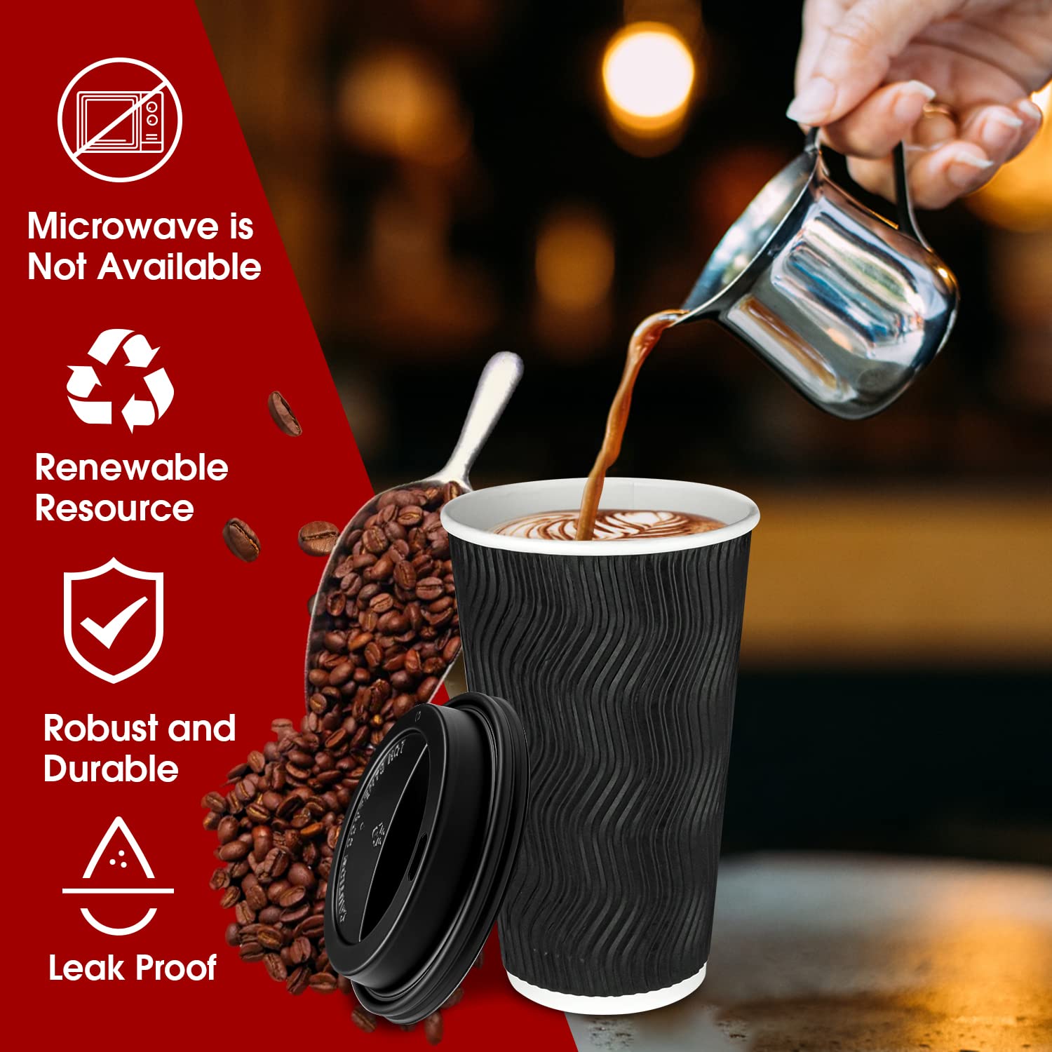 Ginkgo 100 Pack 16 oz Disposable Insulated Coffee Cups with Lids, Paper To-Go Coffee Cups for Coffee Bars, Hot Chocolate, Cocoa, and Hot Tea Drinks - Black