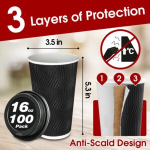 Ginkgo 100 Pack 16 oz Disposable Insulated Coffee Cups with Lids, Paper To-Go Coffee Cups for Coffee Bars, Hot Chocolate, Cocoa, and Hot Tea Drinks - Black