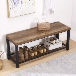 foluban shoe bench, industrial entryway bench with metal storage shelf, rustic indoor shoe storage bench seat, oak