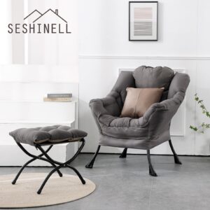 SESHINELL Lazy Chair with Ottoman, Modern Accent Chair Contemporary Lounge Leisure Sofa Chair with Armrests, Reading Chair and Folding Footstool Set for Living Room, Bedroom, Office, Dark Grey