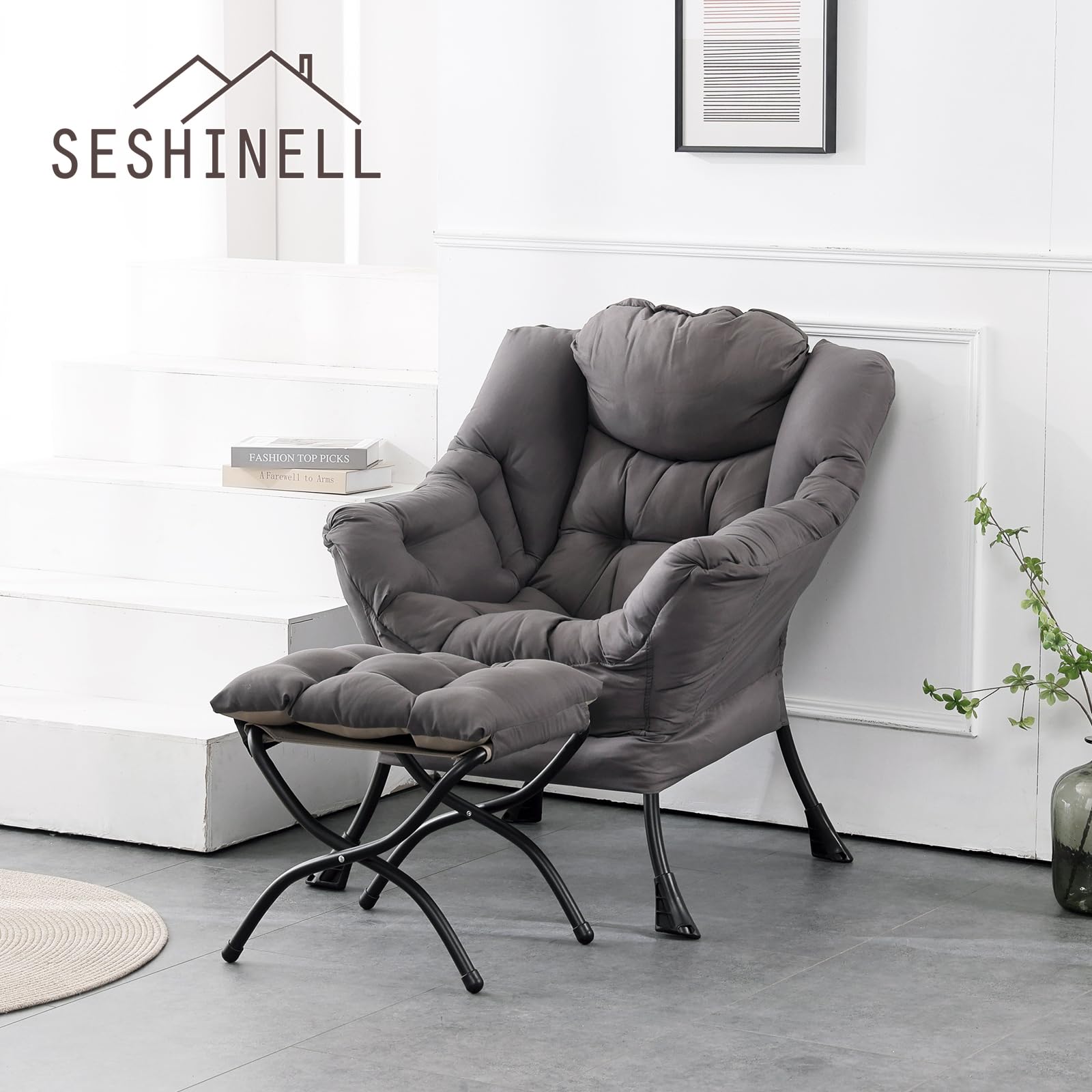 SESHINELL Lazy Chair with Ottoman, Modern Accent Chair Contemporary Lounge Leisure Sofa Chair with Armrests, Reading Chair and Folding Footstool Set for Living Room, Bedroom, Office, Dark Grey