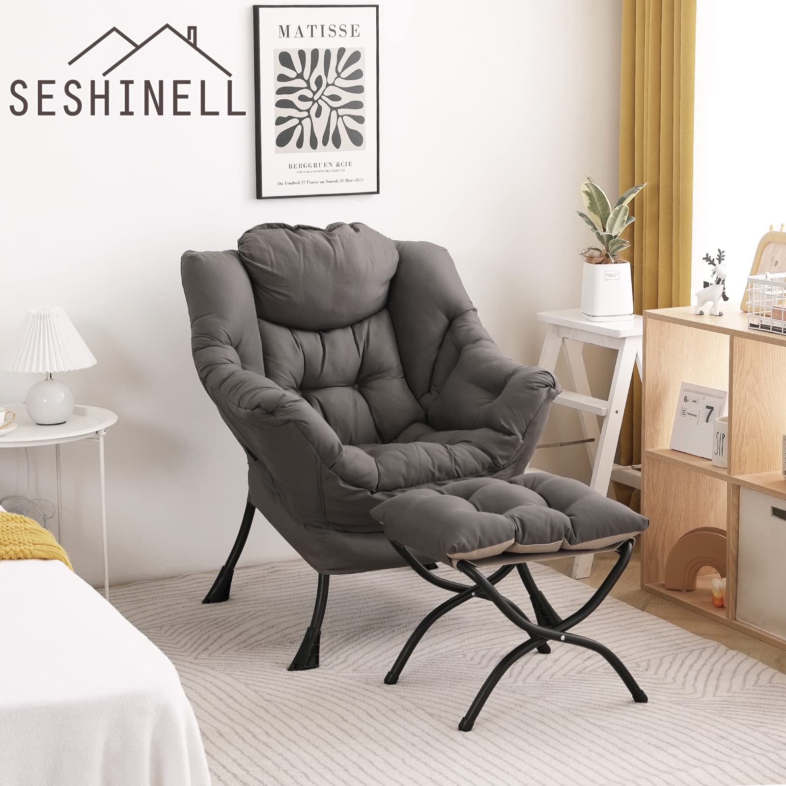 SESHINELL Lazy Chair with Ottoman, Modern Accent Chair Contemporary Lounge Leisure Sofa Chair with Armrests, Reading Chair and Folding Footstool Set for Living Room, Bedroom, Office, Dark Grey