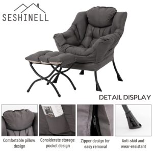 SESHINELL Lazy Chair with Ottoman, Modern Accent Chair Contemporary Lounge Leisure Sofa Chair with Armrests, Reading Chair and Folding Footstool Set for Living Room, Bedroom, Office, Dark Grey