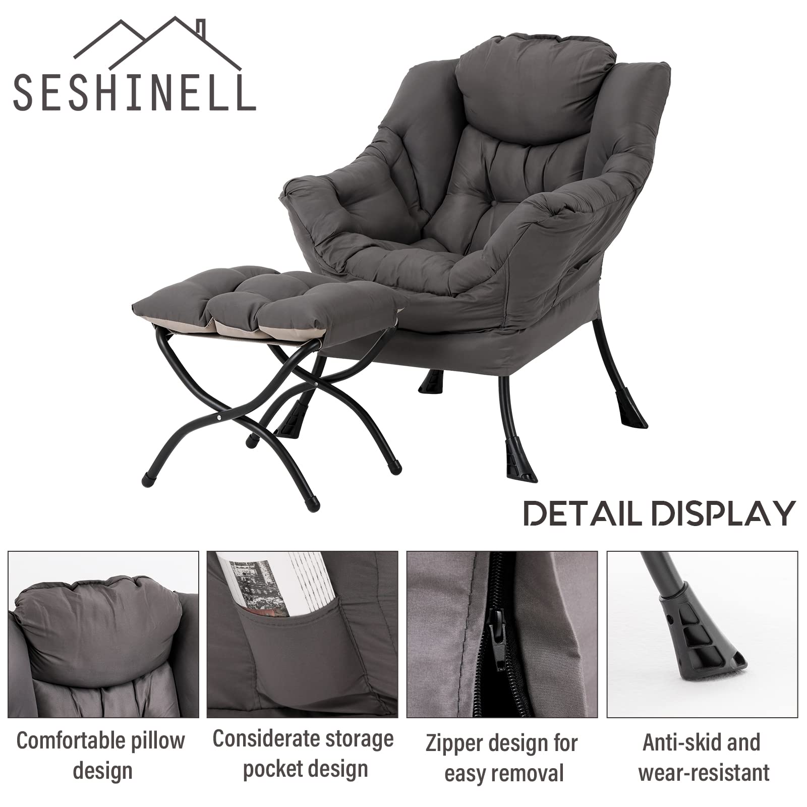 SESHINELL Lazy Chair with Ottoman, Modern Accent Chair Contemporary Lounge Leisure Sofa Chair with Armrests, Reading Chair and Folding Footstool Set for Living Room, Bedroom, Office, Dark Grey