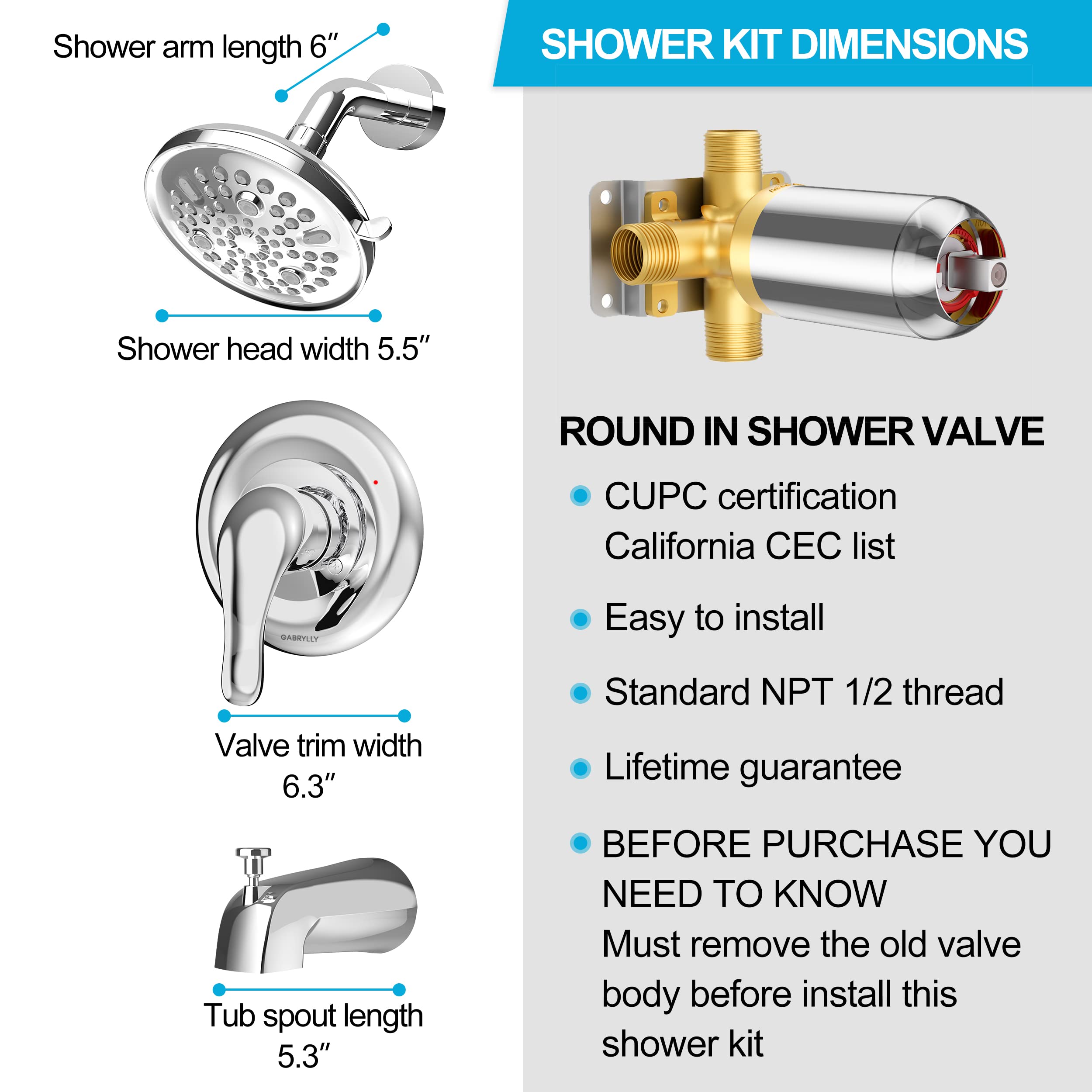 Gabrylly Tub Shower Kit, Tub and Shower Faucet Set with 9-Setting Rain Shower Head and Tub Spout, Single-Handle Tub and Shower Trim Kit, Shower Valve Include,Chrome