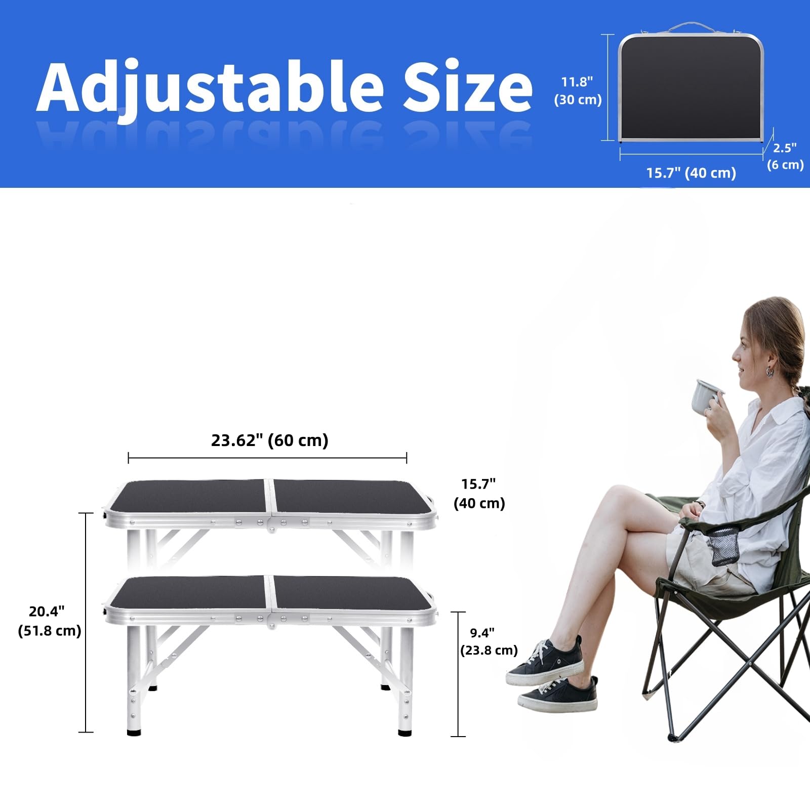 Moosinily Small Folding Table 2FT Foldable Camping Table Portable Picnic Table Aluminum 2 Height Adjustable Outdoor Beach Card Black 23.6×15.7 inch