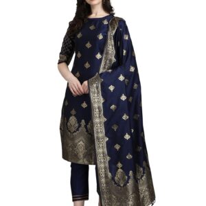 VredeVogel Women's Cotton Silk Jacquard Kurta Pant With Banarasi Silk Dupatta Large Navy Blue