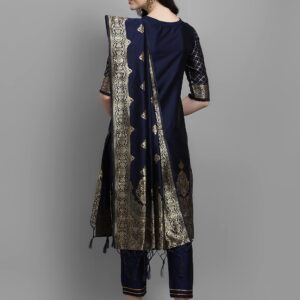 VredeVogel Women's Cotton Silk Jacquard Kurta Pant With Banarasi Silk Dupatta Large Navy Blue