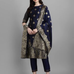 VredeVogel Women's Cotton Silk Jacquard Kurta Pant With Banarasi Silk Dupatta Large Navy Blue