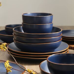 Stone Lain Brasa Modern Stoneware 16 Piece Dinnerware Sets, Plates and bowls Sets, Dish Set for 4, Blue