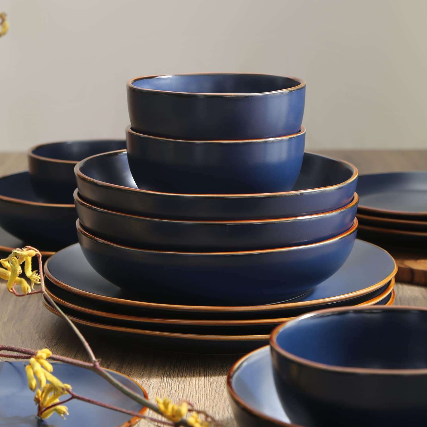 Stone Lain Brasa Modern Stoneware 16 Piece Dinnerware Sets, Plates and bowls Sets, Dish Set for 4, Blue