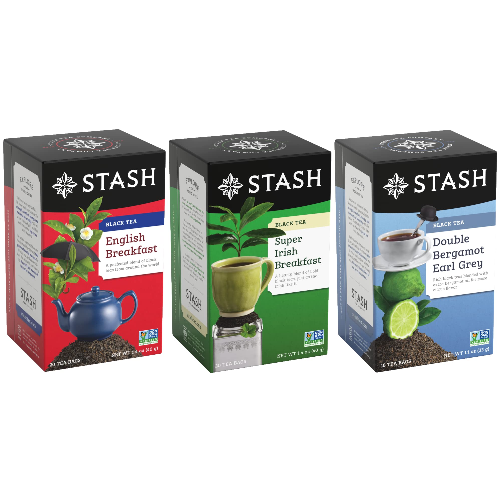 Stash Tea Bold Black Tea Sampler - Assortment of Caffeinated Premium Teas, Including English Breakfast, Irish Breakfast and Earl Grey Tea, 18-20 Count (Pack of 3)