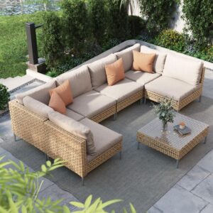 grand patio 7-piece wicker patio furniture set, boho outdoor conversation set sectional sofa with water resistant thick cushions and coffee table, beige