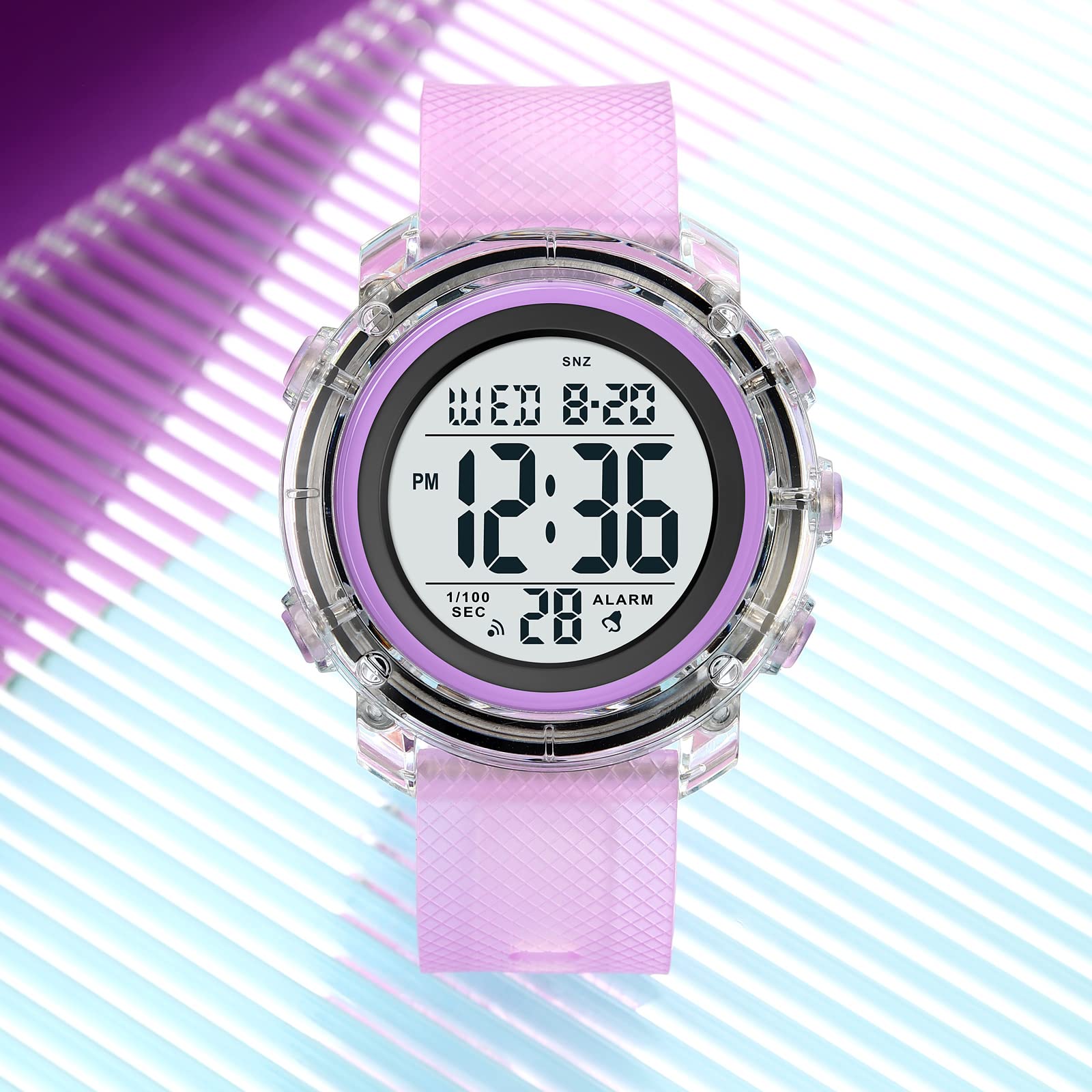 Gosasa Outdoor Sport Women Watches Fashion Ladies Casual Watch Calendar Week Display Alarm 5Bar Waterproof PU Strap LED Digital Watch (X-Purple)