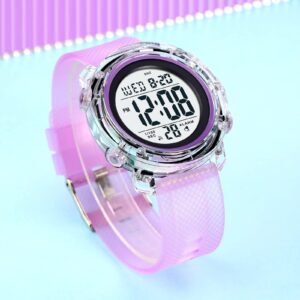 Gosasa Outdoor Sport Women Watches Fashion Ladies Casual Watch Calendar Week Display Alarm 5Bar Waterproof PU Strap LED Digital Watch (X-Purple)