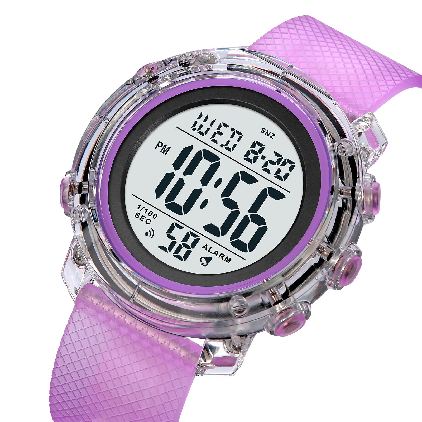 Gosasa Outdoor Sport Women Watches Fashion Ladies Casual Watch Calendar Week Display Alarm 5Bar Waterproof PU Strap LED Digital Watch (X-Purple)