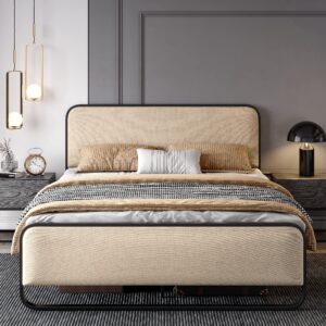 sha cerlin queen size platform metal bed frame with curved upholstered headboard and footboard, large under bed storage, no box spring needed, modern, beige