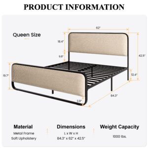 SHA CERLIN Queen Size Platform Metal Bed Frame with Curved Upholstered Headboard and Footboard, Large Under Bed Storage, No Box Spring Needed, Modern, Beige