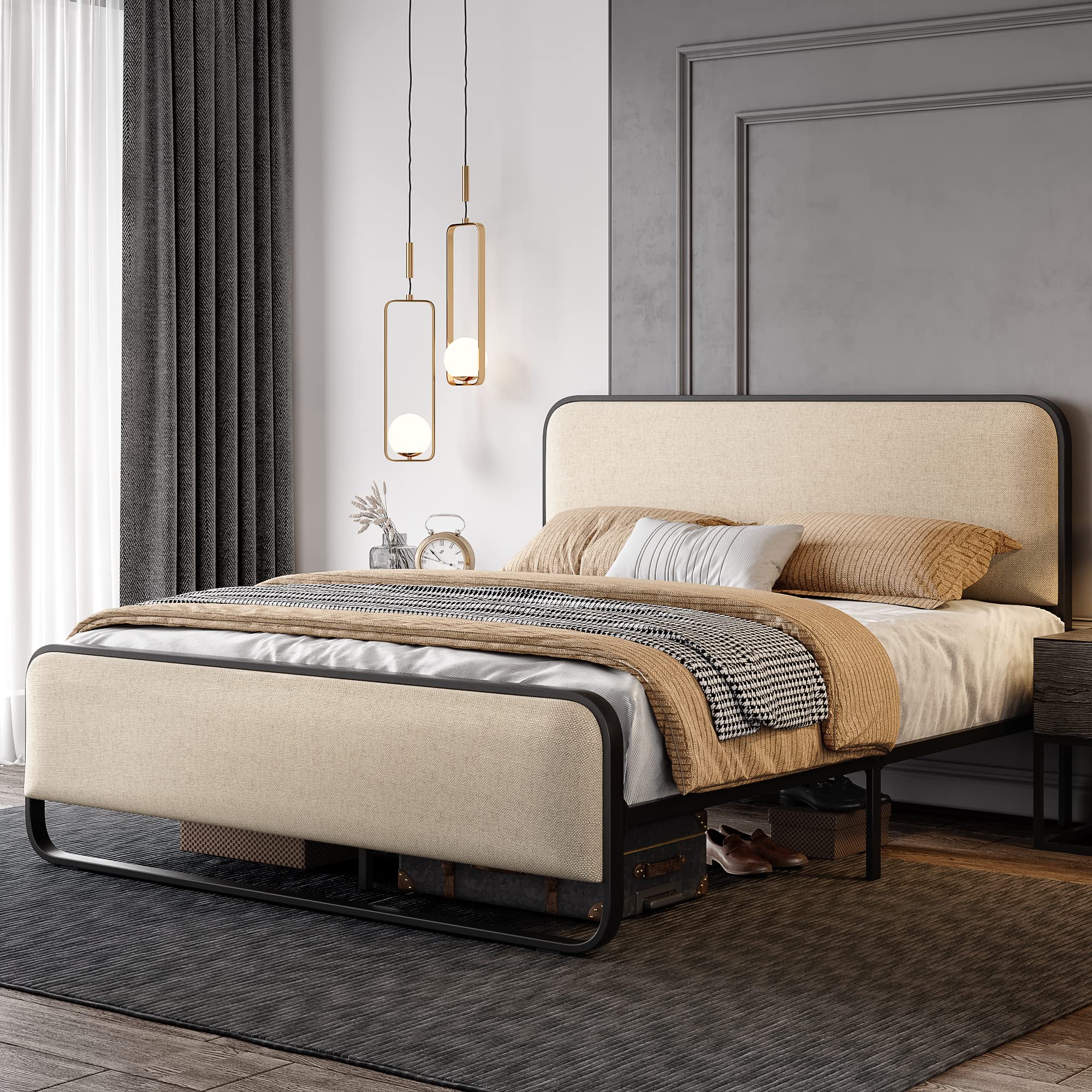 SHA CERLIN Queen Size Platform Metal Bed Frame with Curved Upholstered Headboard and Footboard, Large Under Bed Storage, No Box Spring Needed, Modern, Beige