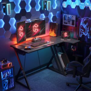 CubiCubi Aurora Gaming Desk with Carbon Fiber Surface, 40 Inch L Shaped Desk with Storage Shelves, Small Corner Computer Desk with Monitor Shelf, Gamer Desk PC Table, Black