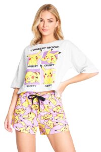 pokemon pyjamas for women teenagers summer pikachu ladies lounge wear sets 2 piece (as1, alpha, l, regular, regular, standard, grey/pink)