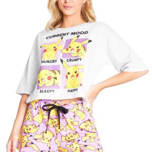 Pokemon Pyjamas for Women Teenagers Summer Pikachu Ladies Lounge Wear Sets 2 Piece (as1, alpha, l, regular, regular, Standard, Grey/Pink)