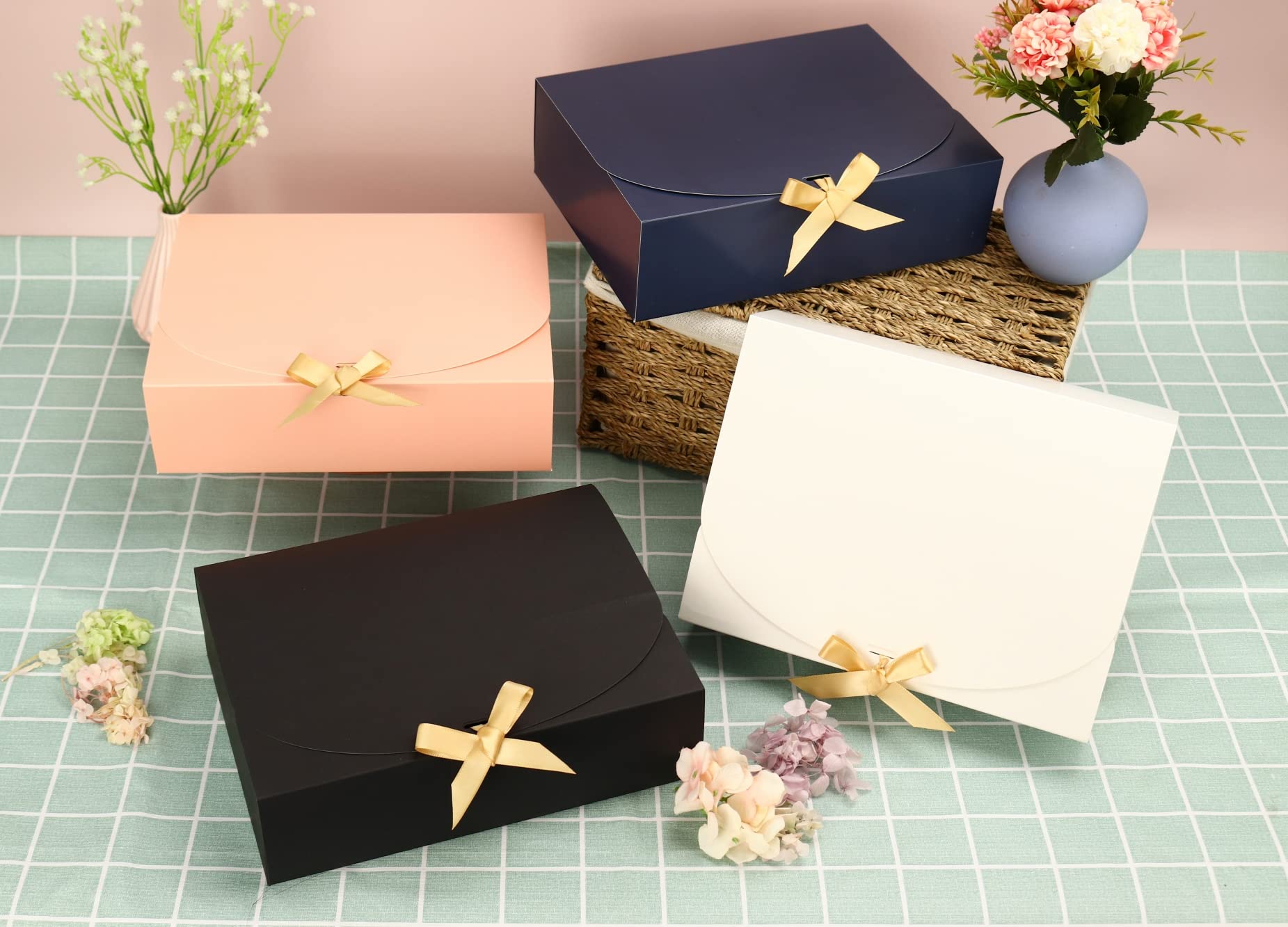 SWANGSA 16Pcs Gift Boxes with Lids, 10.6''x7.8''x3.1'' Blue Kraft Paper Gift Box, Bridesmaid Proposal Box with Ribbon and 70pcs Adhesive Dots, for Wedding, Packaging, Present, Birthday, Cupcake Boxes