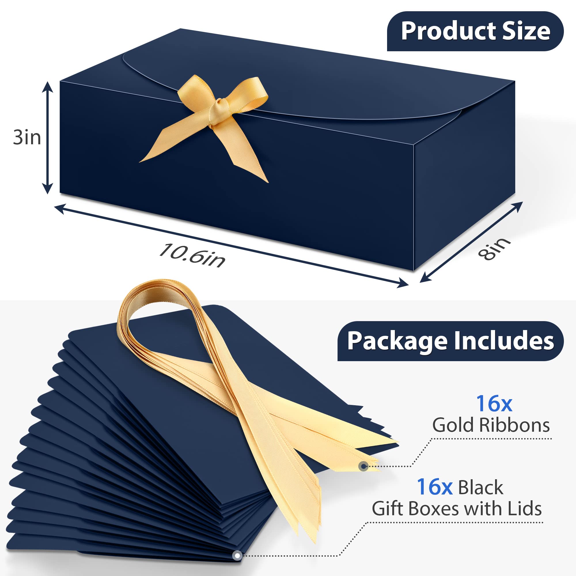 SWANGSA 16Pcs Gift Boxes with Lids, 10.6''x7.8''x3.1'' Blue Kraft Paper Gift Box, Bridesmaid Proposal Box with Ribbon and 70pcs Adhesive Dots, for Wedding, Packaging, Present, Birthday, Cupcake Boxes