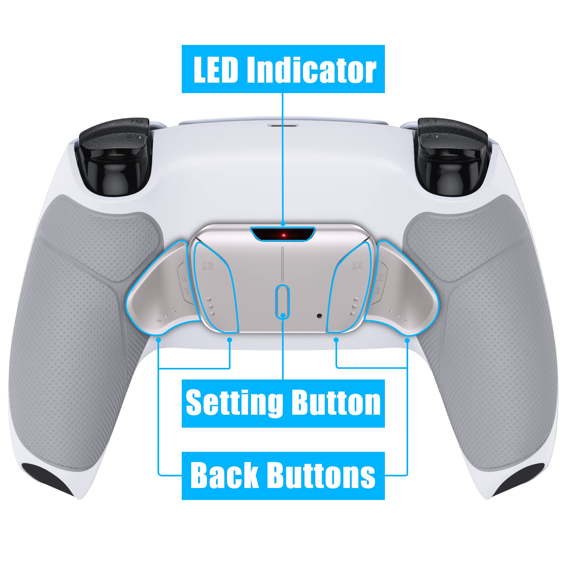 eXtremeRate Silver Real Metal Buttons (RMB) Version RISE4 Remap Kit for PS5 Controller BDM-010 020 w/Gray Rubberized Grip White Redesigned Back Shell, Upgrade Board, 4 Back Buttons for PS5 Controller