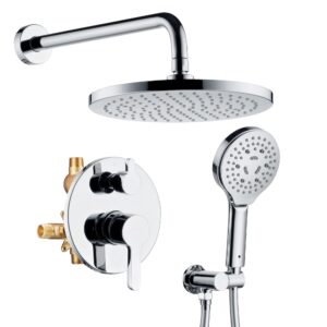 lavatrum polished chrome shower faucet set, wall mount rain shower system 10 inches, and 5 setting handheld shower head set, included rough-in valve and trim kit