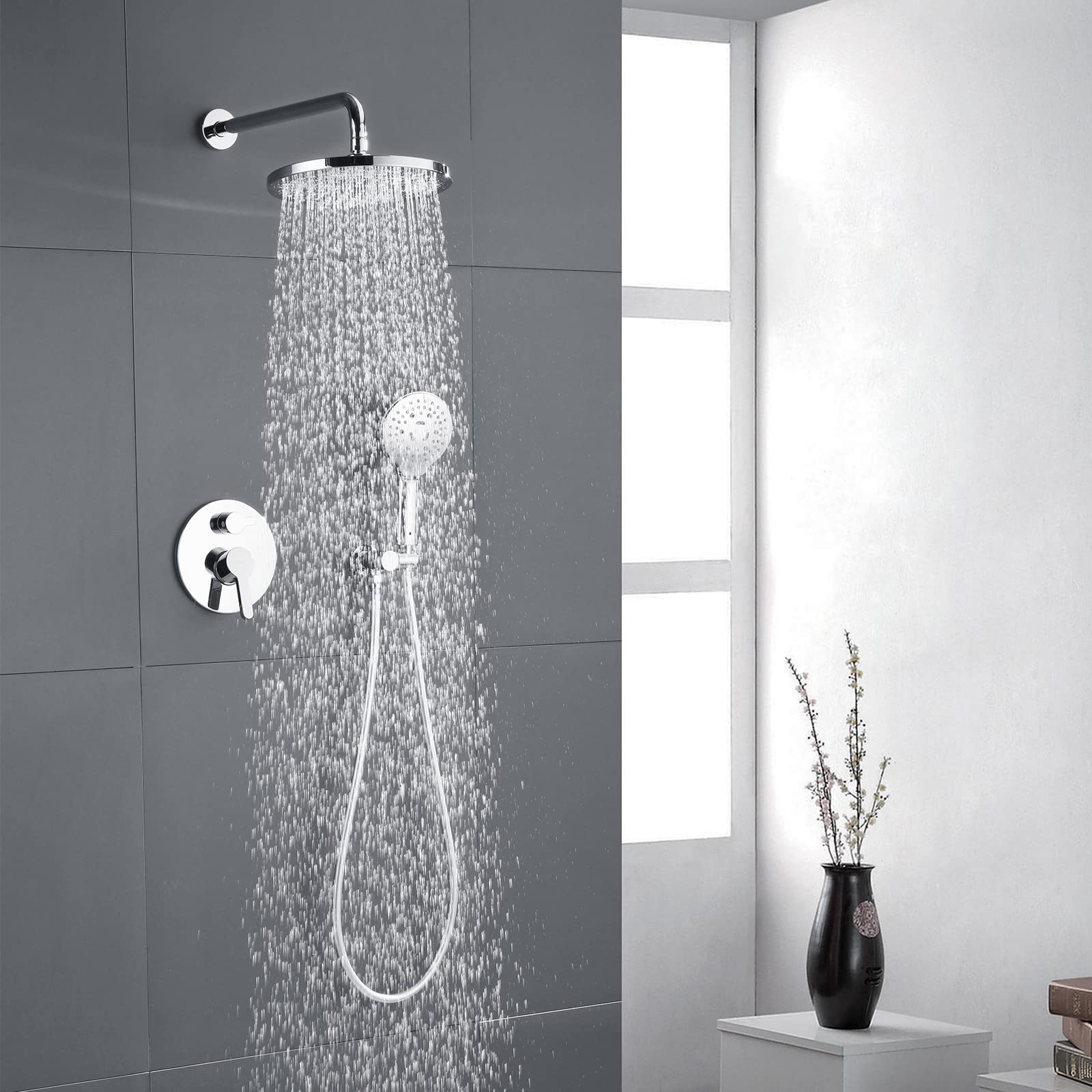 Lavatrum Polished Chrome Shower Faucet Set, Wall Mount Rain Shower System 10 Inches, and 5 Setting Handheld Shower Head Set, Included Rough-in Valve and Trim Kit