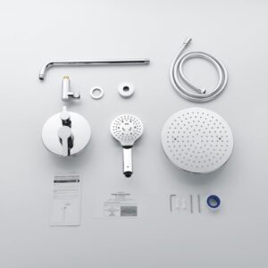 Lavatrum Polished Chrome Shower Faucet Set, Wall Mount Rain Shower System 10 Inches, and 5 Setting Handheld Shower Head Set, Included Rough-in Valve and Trim Kit