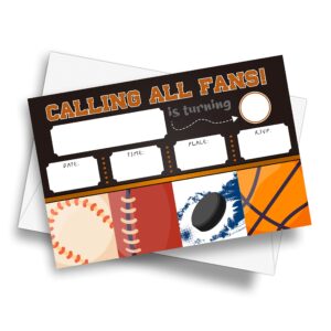 detiho 4" x 6" sports theme birthday party invitation cards with envelopes - calling all fans - basketball football hockey all star sports invitation - 20 sets - e04